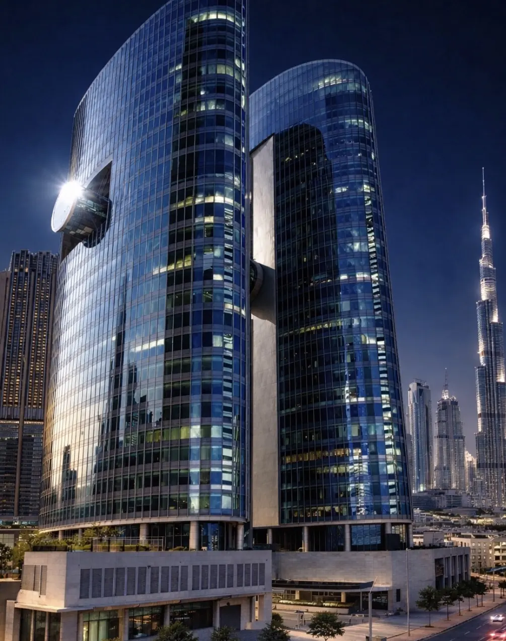 Emirates Financial Towers at night, two curved glass towers joined by a sky bridge.